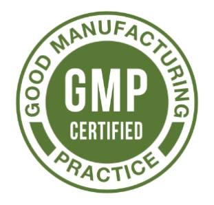 Manufacturing process certified under good manufacturing practice standards to ensure consistency and product integrity